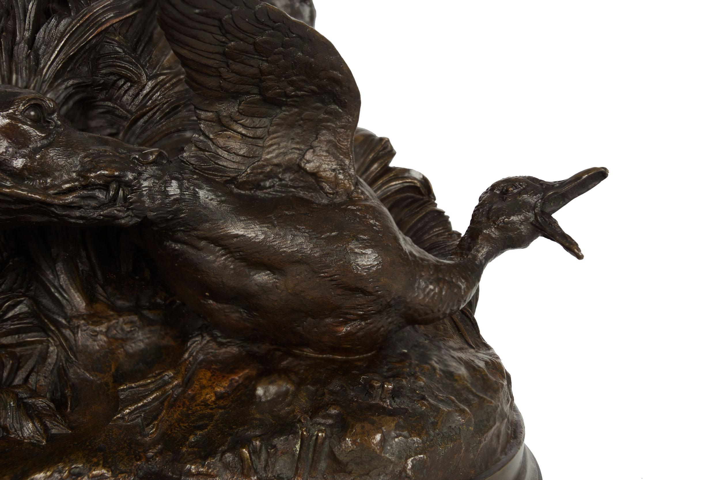 Authentic Atelier Cast Antique Bronze Sculpture of Duck Hunt by Pierre J. Mene For Sale 4