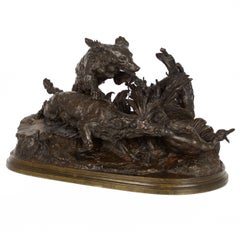 Authentic Atelier Cast Antique Bronze Sculpture of Duck Hunt by Pierre J. Mene