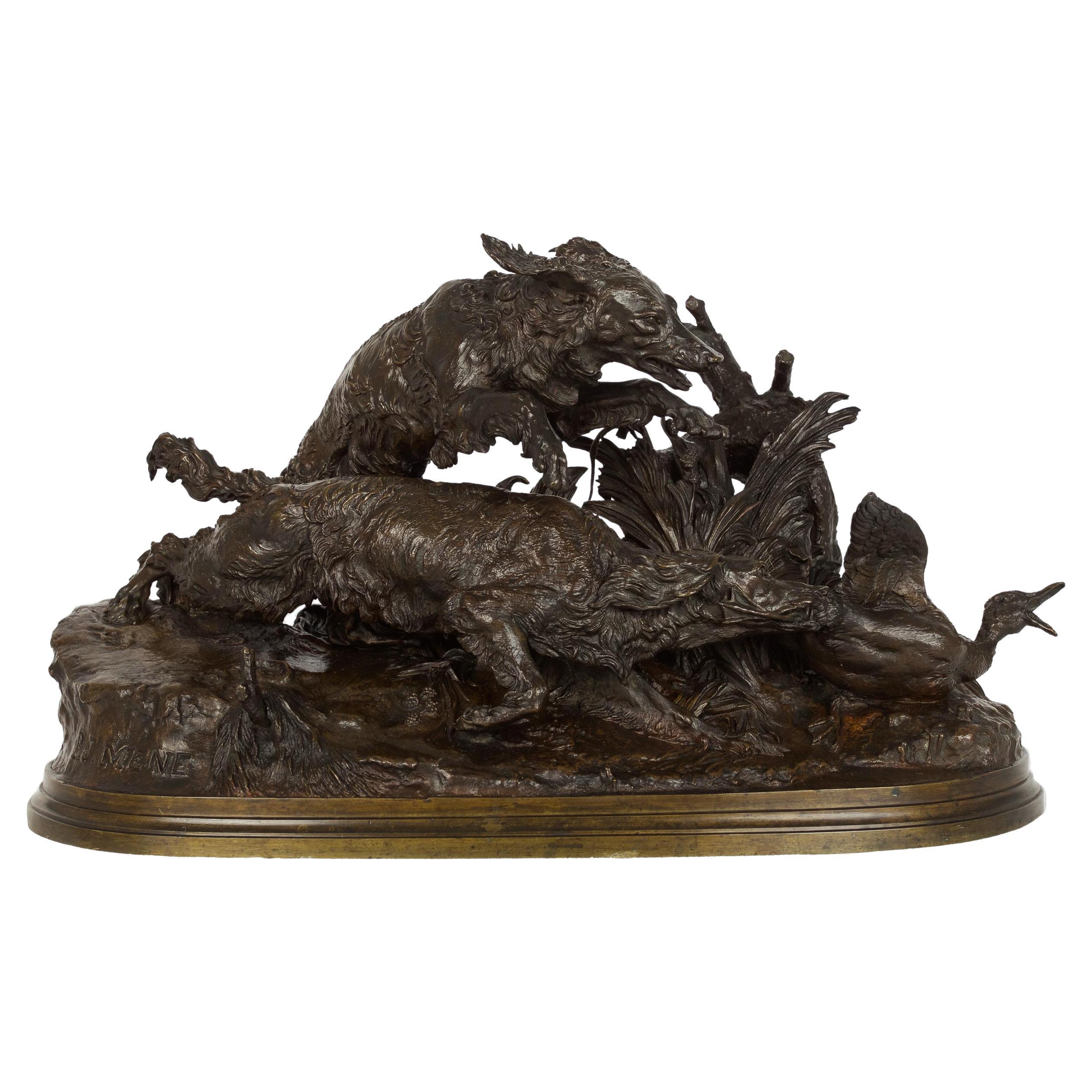 Authentic Atelier Cast Antique Bronze Sculpture of Duck Hunt by Pierre J. Mene For Sale
