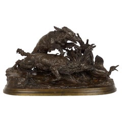 Authentique sculpture de chasse au canard en bronze ancien coulé de Pierre J. Mene