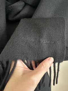 authentic Bottega Veneta Logo Stamped Scarf Black Wool Cashmere Fringe Ends