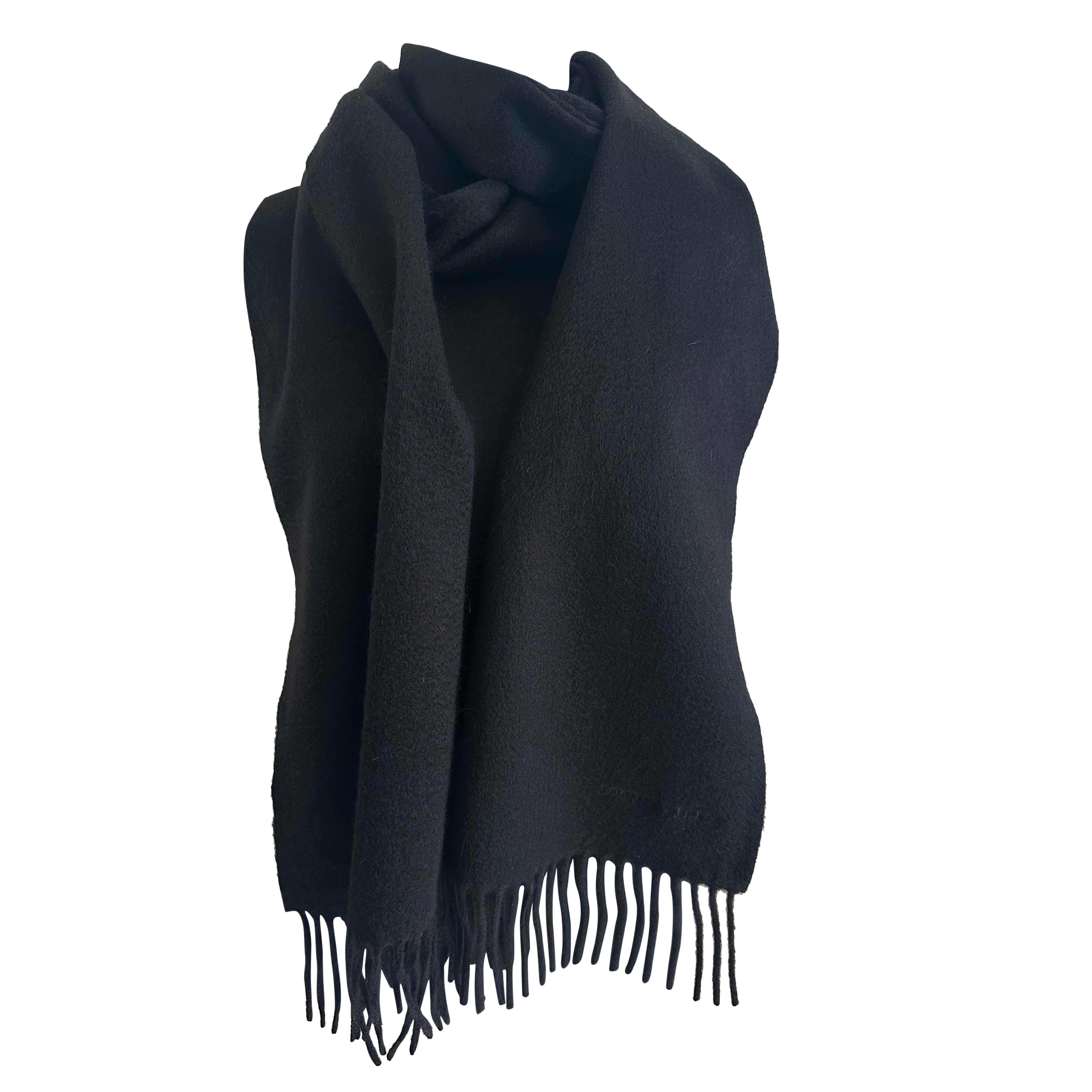 authentic Bottega Veneta Logo Stamped Scarf Black Wool Cashmere Fringe Ends
