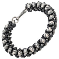 Authentic Bottega Veneta Men's Black Oxidized-Silver and Woven Leather Bracelet