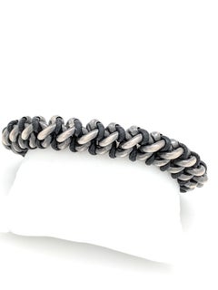 Authentic Bottega Veneta Men's Black Oxidized-Silver and Woven Leather Bracelet