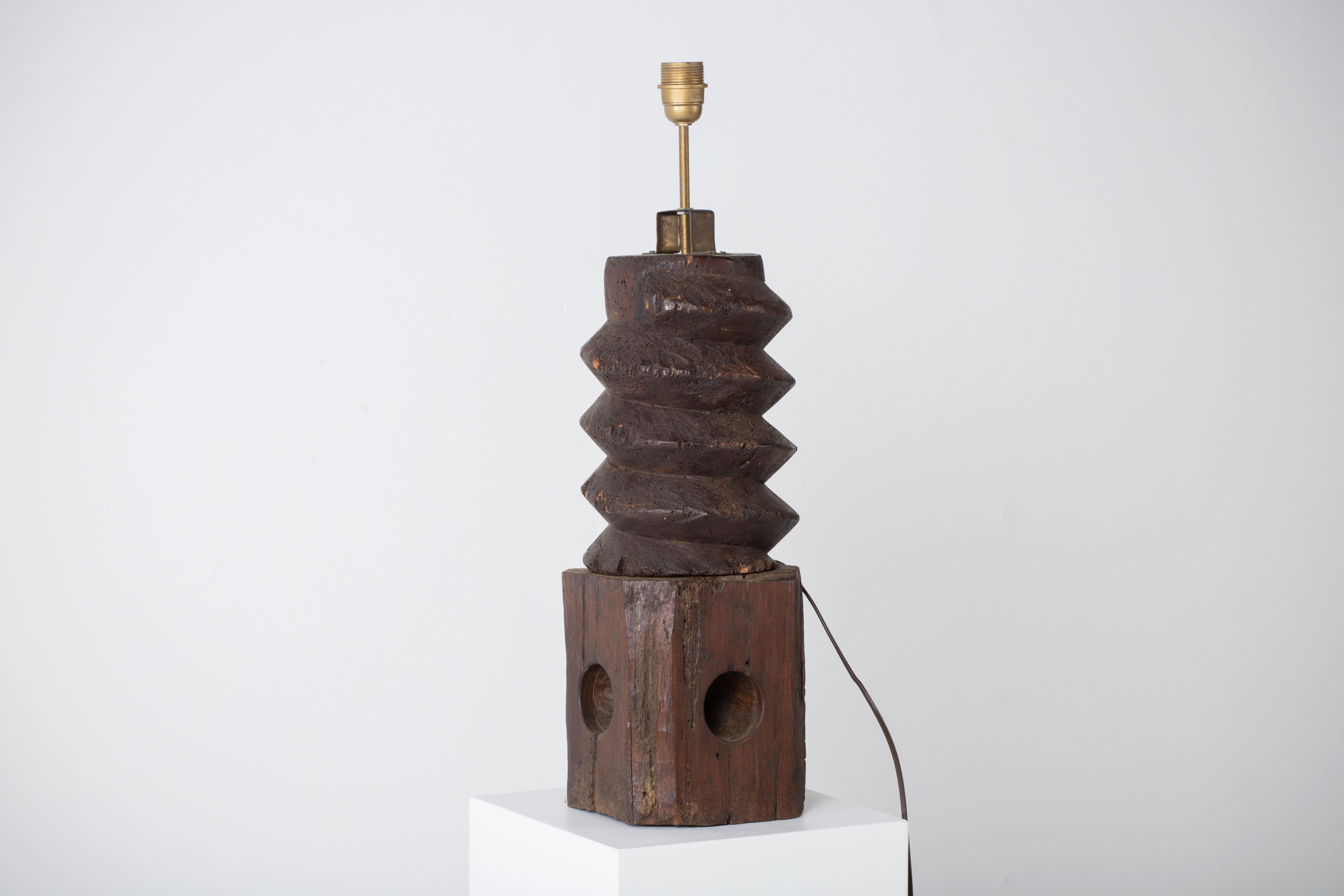 French Authentic Brutalist Table Lamp in Oak, France, 1940 For Sale