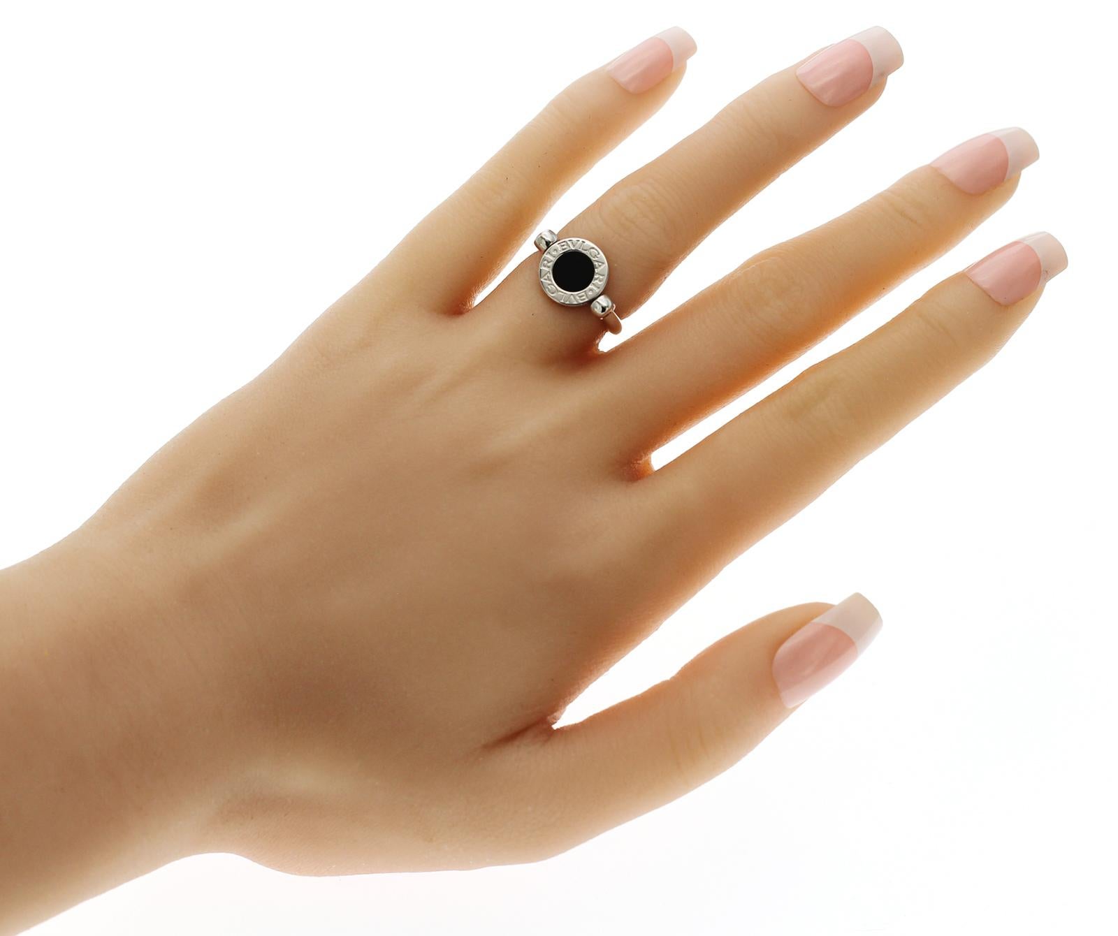 100% Authentic, 100% Customer Satisfaction
Top: 11 mm
Band Width: 3 mm
Metal: 18K White Gold 
Size: 50 US 4
Hallmarks: BVLGARI 50
Total Weight: 6.1 Grams
Stone: Diamond Approximately 0.15 CT Clarity: VS2-I1 Color: H-M
Condition: PreOwned
Estimated