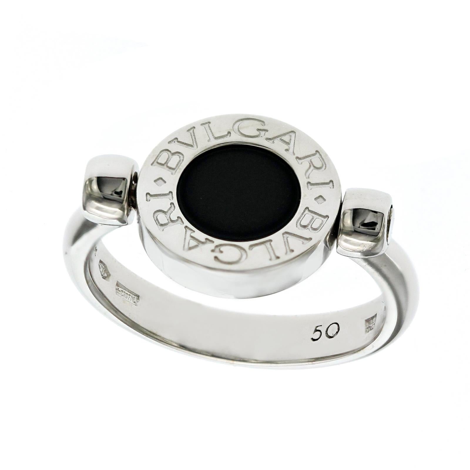 Authentic Bulgari BVLGARI Flip 18K White Gold Diamond Onyx Ring Size 50 US 4 For Sale 1