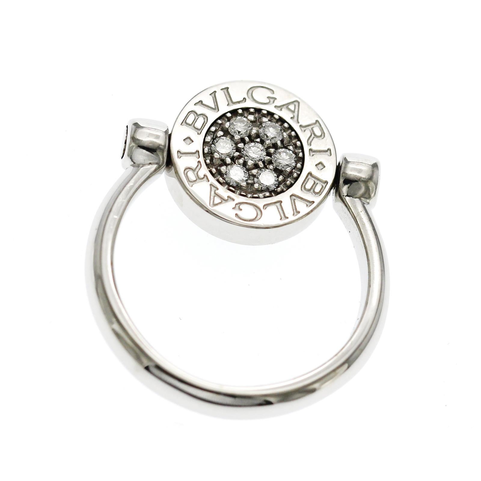 Authentic Bulgari BVLGARI Flip 18K White Gold Diamond Onyx Ring Size 50 US 4 For Sale 2