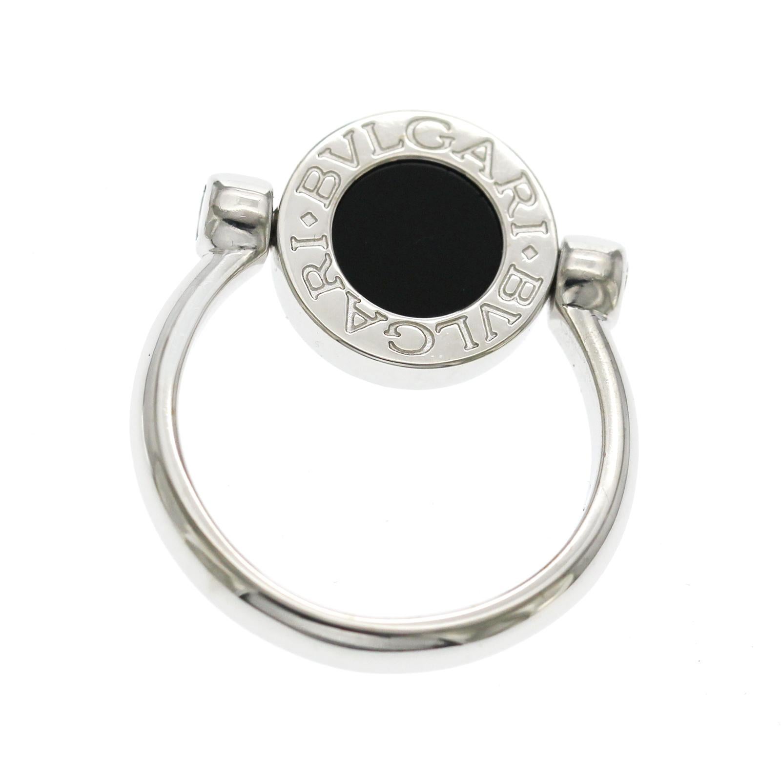 Authentic Bulgari BVLGARI Flip 18K White Gold Diamond Onyx Ring Size 50 US 4 For Sale 3