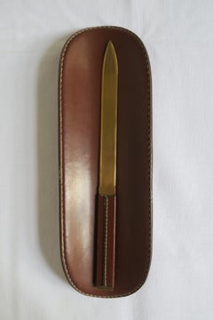 Authentic Carl Aubock Leather Desk Top Set Tray and Brass Letter Opener
