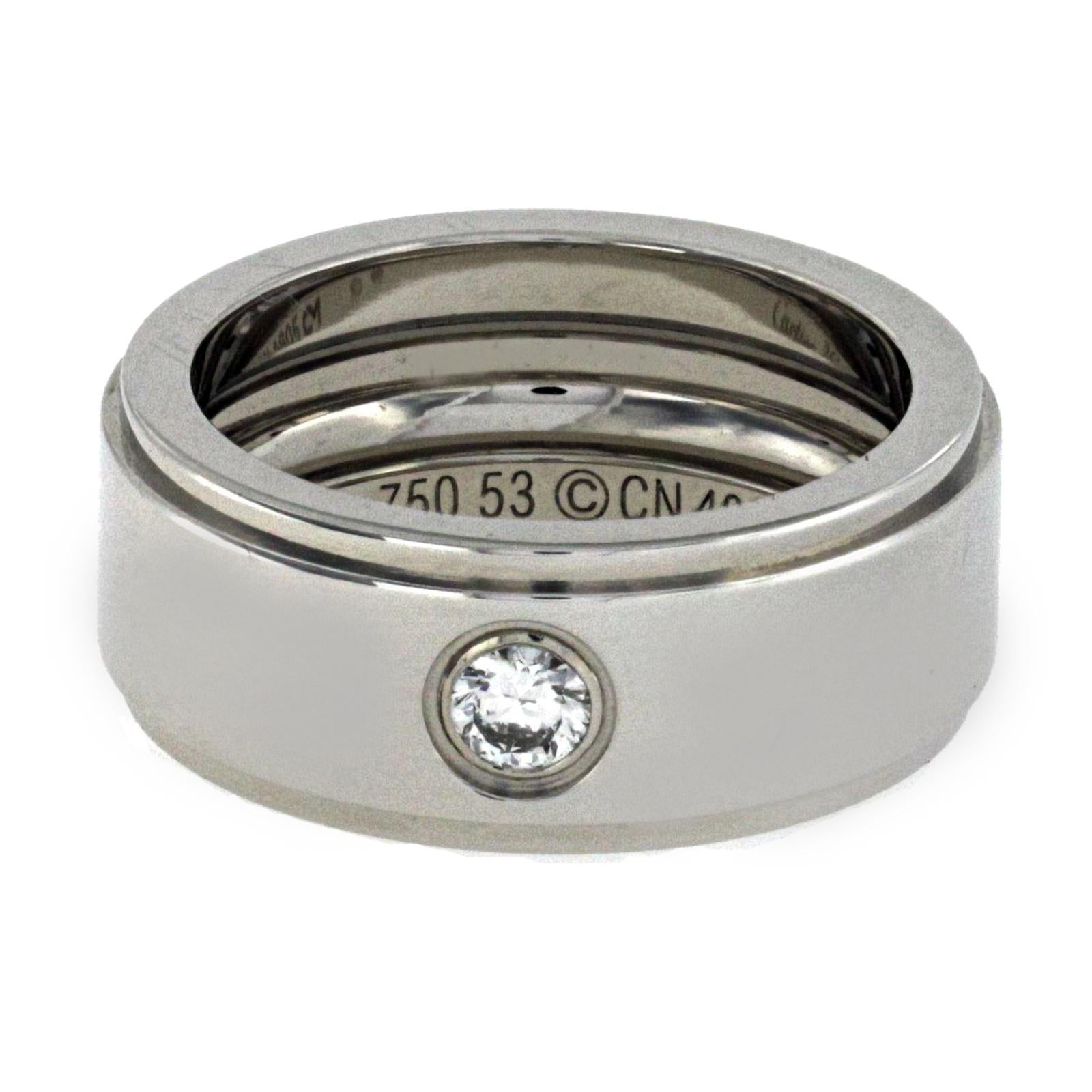 100% Authentic, 100% Customer Satisfaction

Top: 8 mm

Band Width: 8 mm

Metal: 18K White Gold 

Size: 6.5

Hallmarks: Cartier  750 Italy 

Total Weight:  13.1 Grams

Stone Type: 0.15 CT VVS E Diamond

Condition: Pre Owned

Estimated Retail Price: