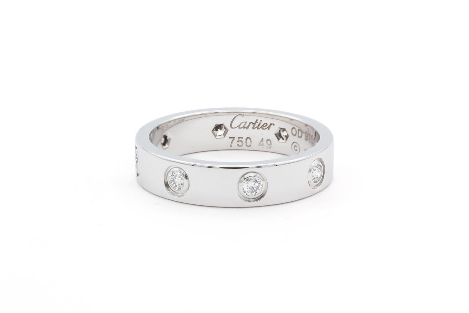 Contemporary Authentic Cartier 18K White Gold 8 Diamond Love Ring Pouch & Service Papers 49 For Sale