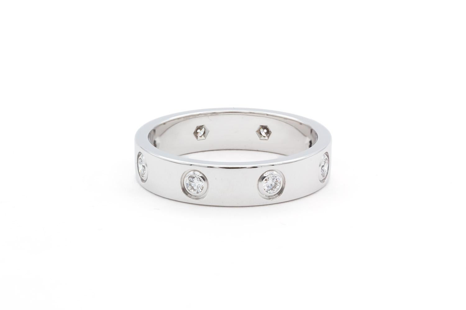 Round Cut Authentic Cartier 18K White Gold 8 Diamond Love Ring Pouch & Service Papers 49 For Sale