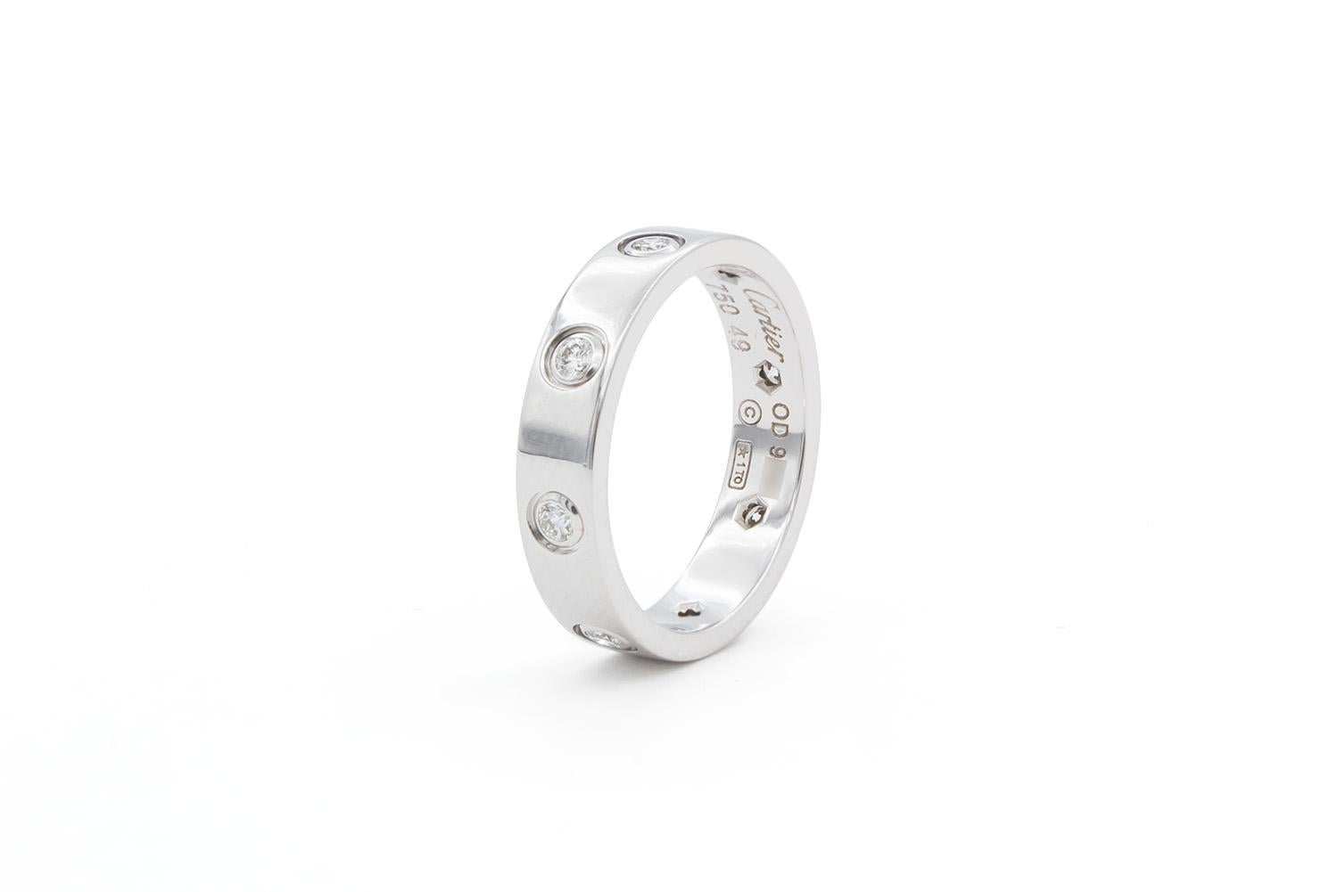 Authentic Cartier 18K White Gold 8 Diamond Love Ring Pouch & Service Papers 49 In Excellent Condition For Sale In Tustin, CA
