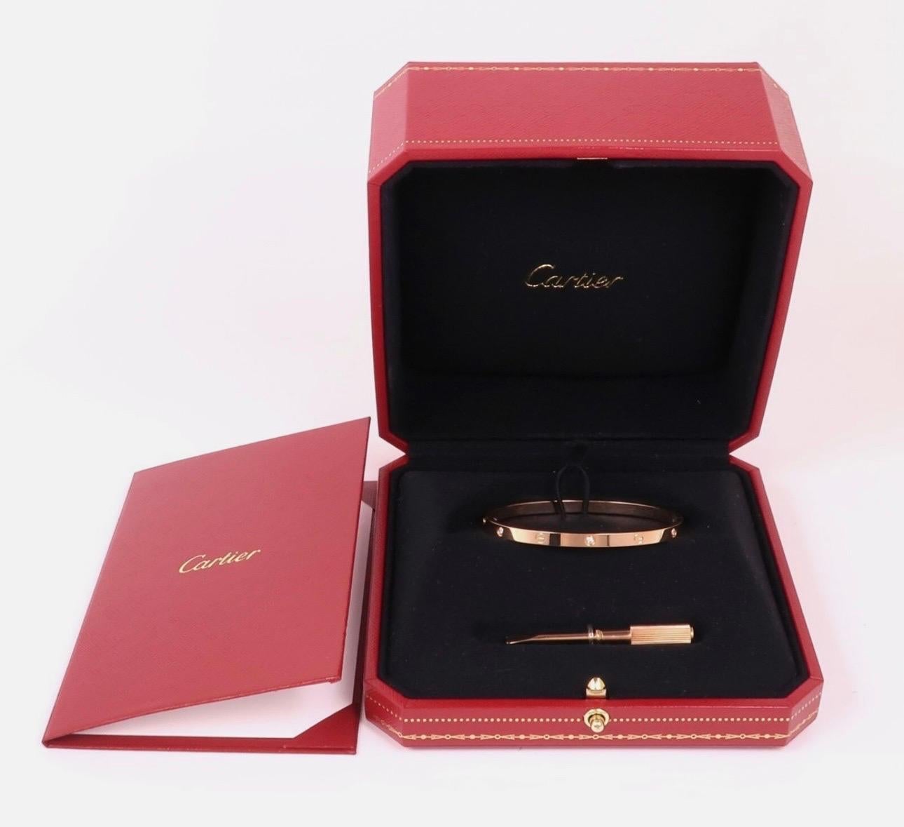 Authentic Cartier  Small Love 6 Diamonds 18 Kt Rose Gold , Size 15 , Box + Certificate
Part of the 'Love' collection. we have spotted this elegant Cartier bracelet on many celebs and models. It features a bangle style crafted from an 18k Rose gold