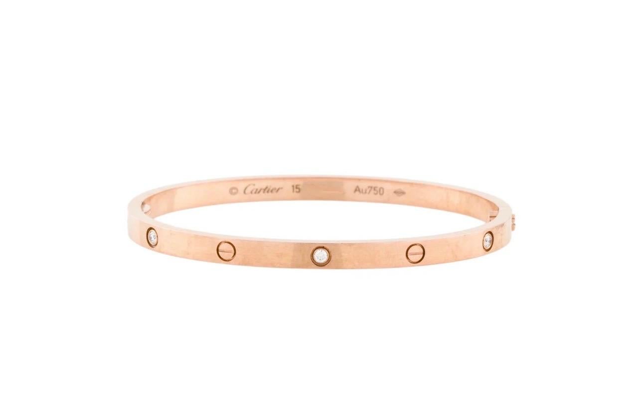 Authentic Cartier Love 6 Diamonds 18 Kt Rose Gold , Size 15 , Box + Certificate In Excellent Condition For Sale In New York, NY