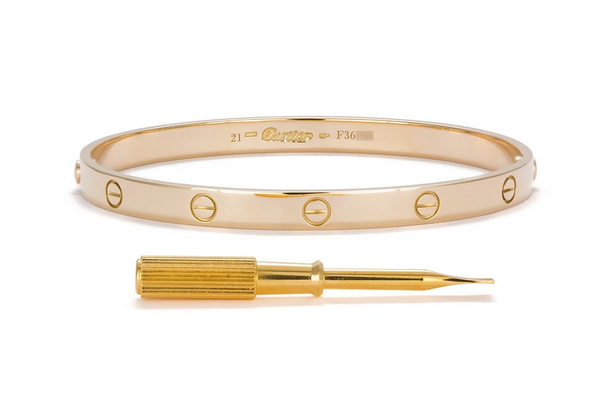 Authentic Cartier Love Bangle Bracelet 18 Karat Yellow Gold Box and Papers In Excellent Condition In Tustin, CA