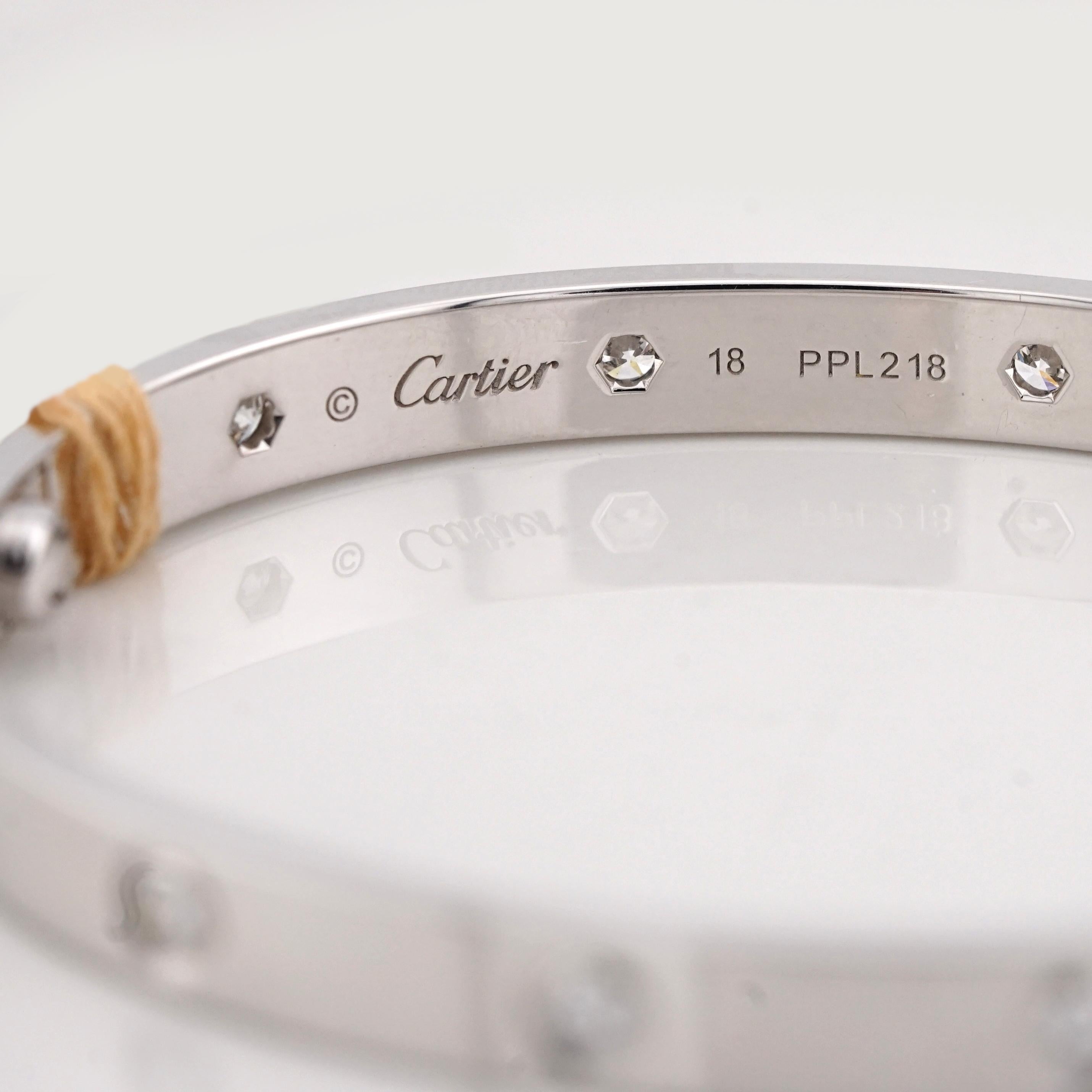 Round Cut Authentic Cartier Love Bracelet Full Diamond 18K White Gold with Screwdriver