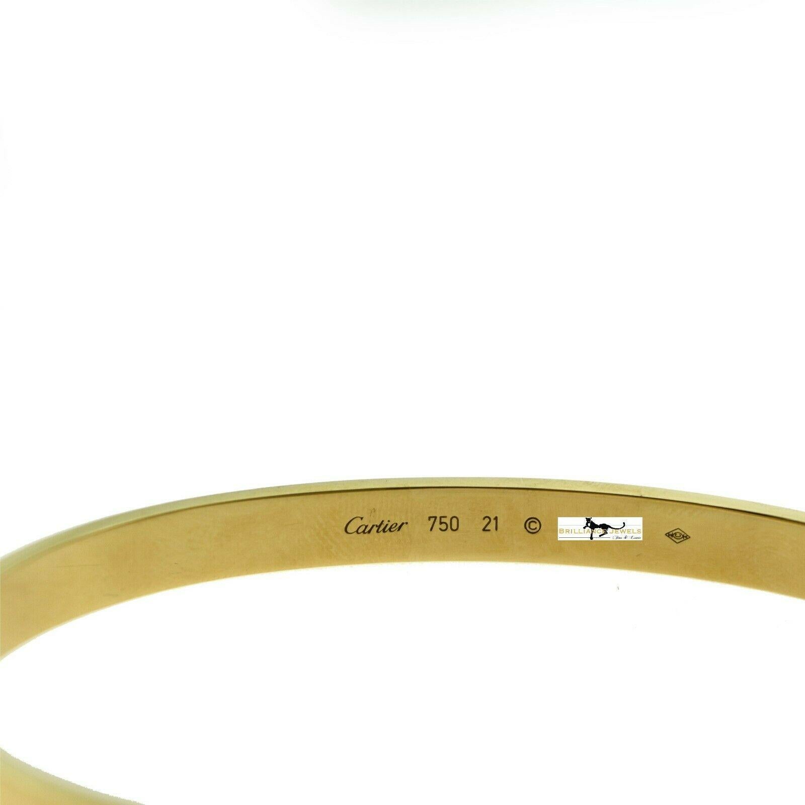 Designer: Cartier

Collection: Love

Style: Bracelet / Bangle

Metal: Yellow Gold 

Metal Purity: 18k

Size: 21 = 21 cm​​​​​​​

Hallmarks: 21 Cartier, Serial No., AU 750

Includes:  24 Months Brilliance Jewels Warranty

                      Cartier