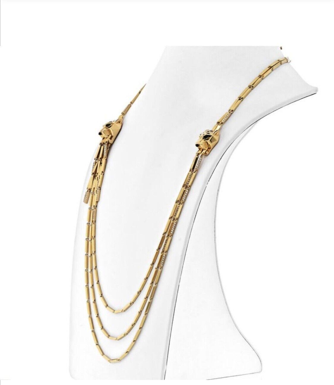 Authentische Cartier Panther-Halskette mit Quaste, 18 Karat Gold Diamant Peridot Onyx Lack (Rohschliff) im Angebot