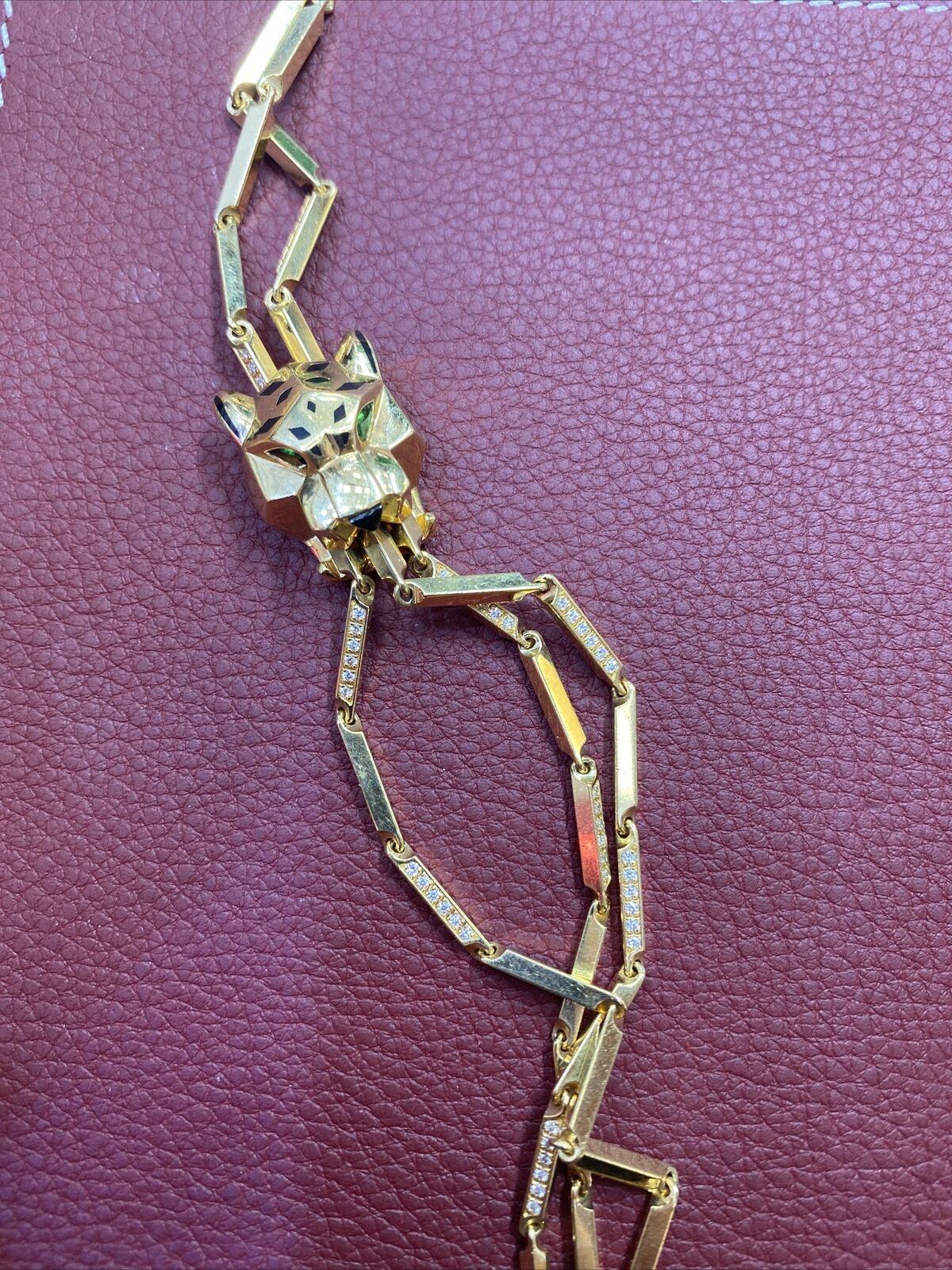 Authentische Cartier Panther-Halskette mit Quaste, 18 Karat Gold Diamant Peridot Onyx Lack im Angebot 3