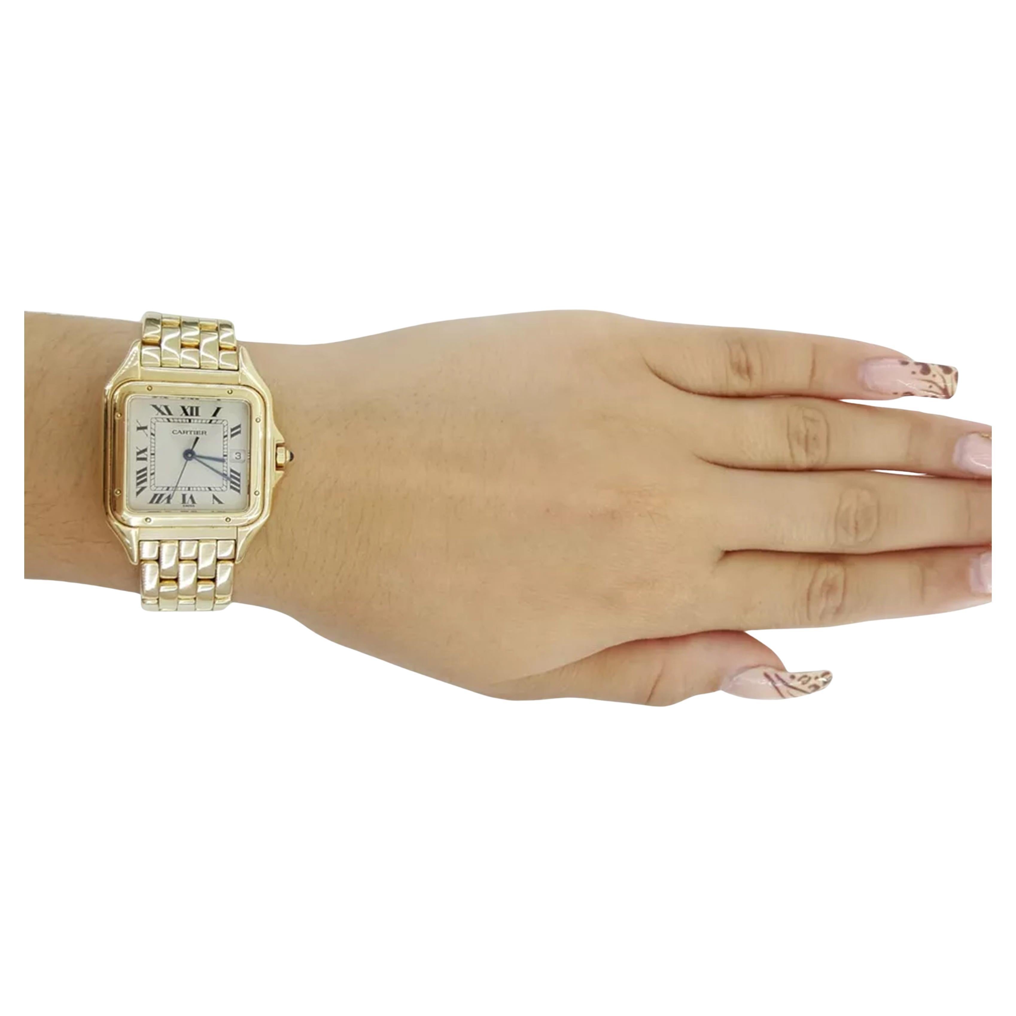 Authentic Cartier Panthere De Cartier Size Medium 27mm 18k Yellow Gold Watch.

The watch features a 18k Yellow Gold crown, sapphire crystal, Silvered dial, black roman numeral markers, 108.8 Grams, fits up to 7.5