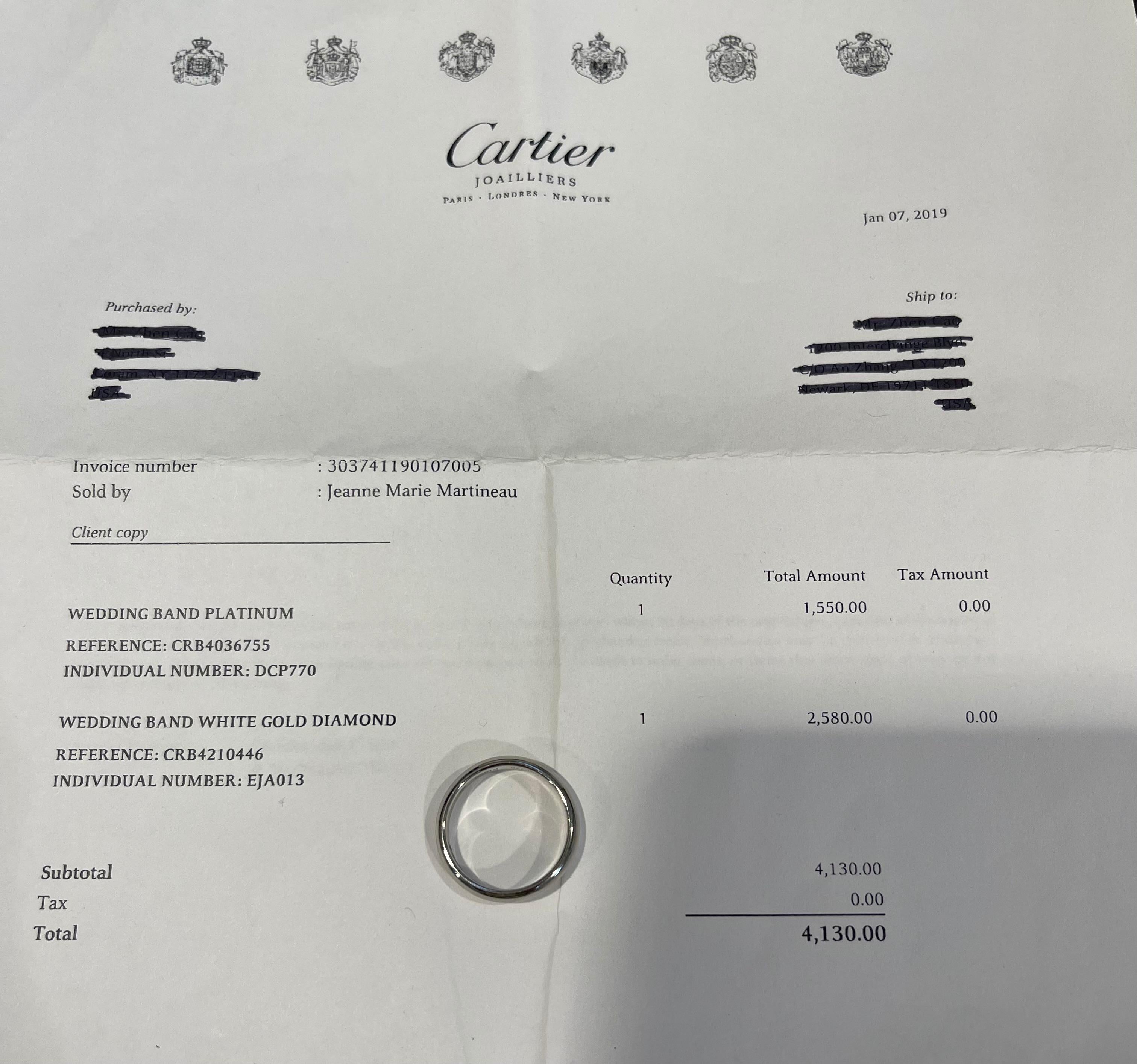 Authentic Cartier Platinum 3.5mm Wedding Band Ring size  55 US size 7 Serial # DCP770 , comes with  Original Receipt
Engraved Cartier   55  DCP770    Pt 950

This gorgeous ring has  Overall, excellent condition!
Size of the ring can be changed a