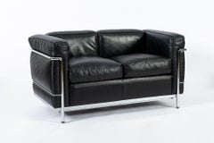 Authentic Cassina LC2 Black Leather Two-Seat Sofa by Le Corbusier 1994