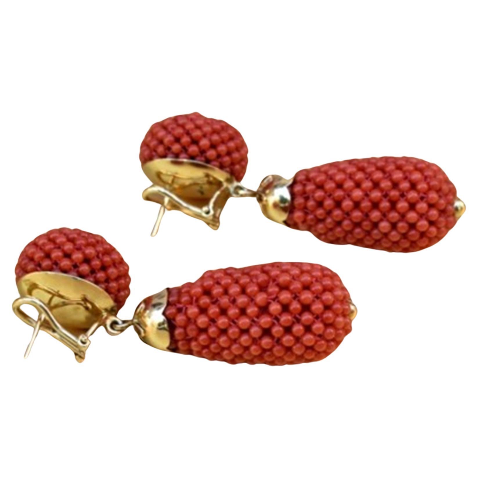 Contemporary Authentic Chaika Italian Coral 18k yellow gold earrings For Sale