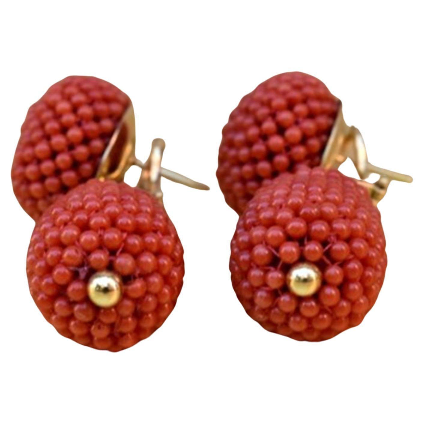 Round Cut Authentic Chaika Italian Coral 18k yellow gold earrings For Sale