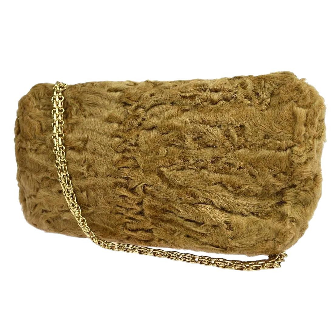 Authentic Chanel Baby Persian Lamb Shoulder Bag Clutch Gold Hardware In Excellent Condition For Sale In Pasadena, CA