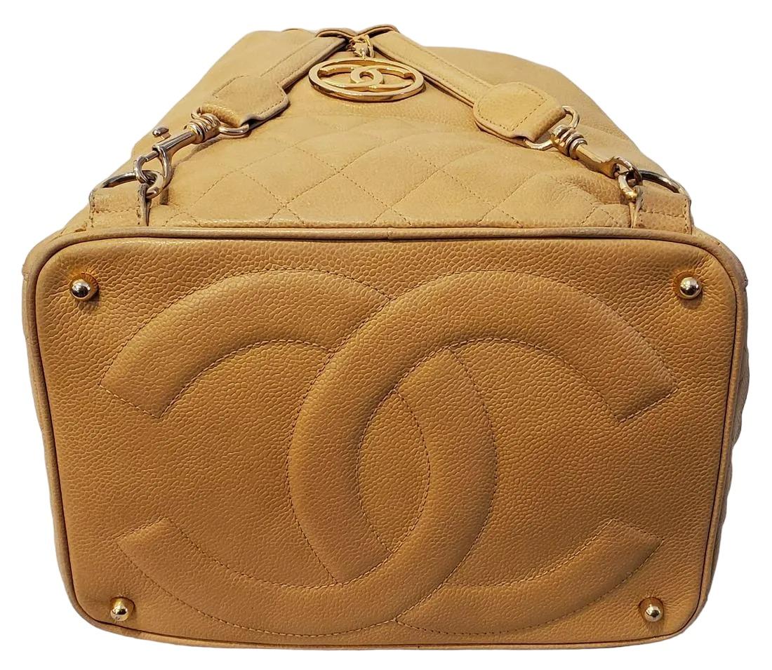 Brown Authentic Chanel Camel Caviar Skin Backpack Gold Accents For Sale