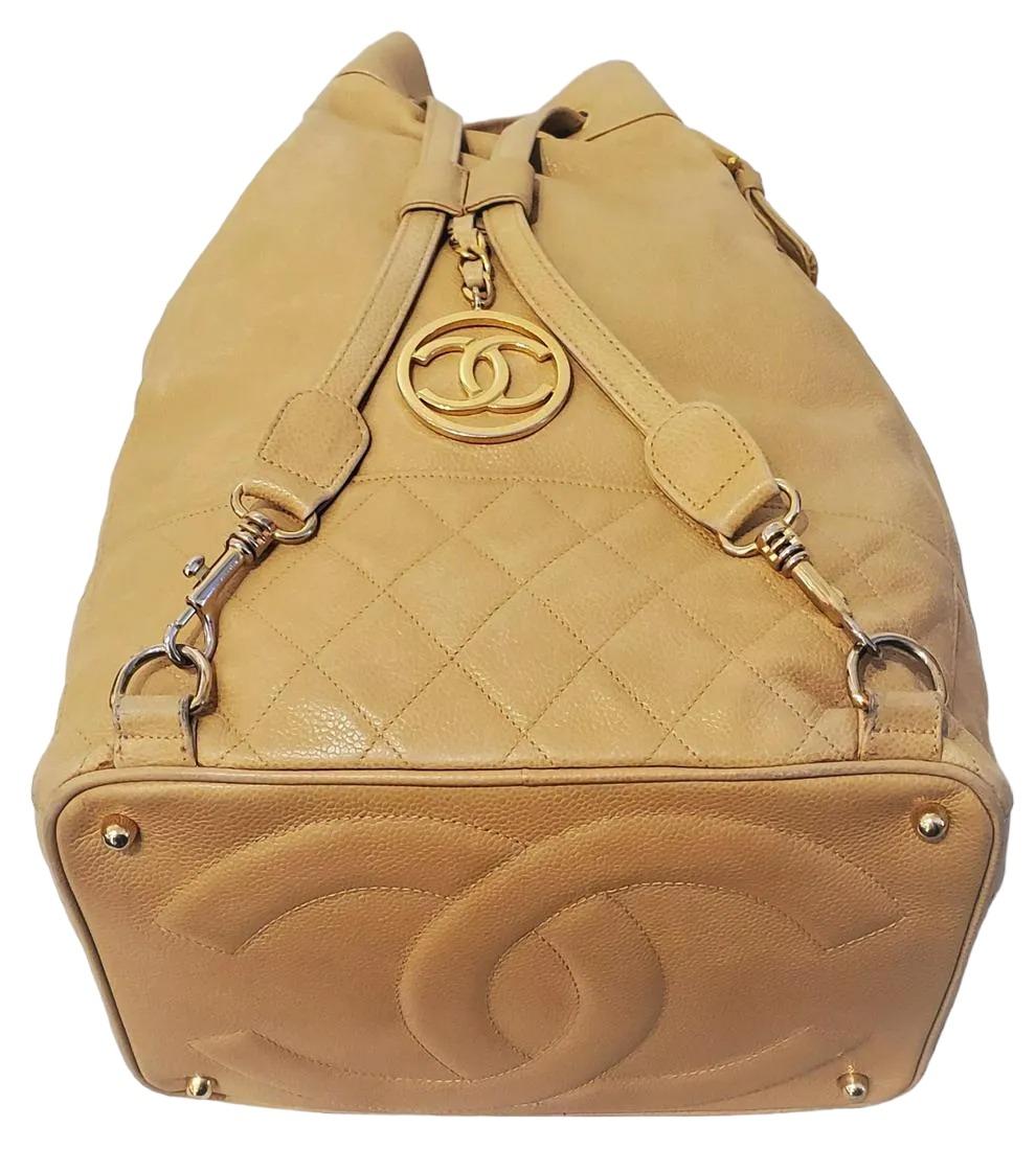Authentic Chanel Camel Caviar Skin Backpack Gold Accents In Excellent Condition For Sale In Pasadena, CA