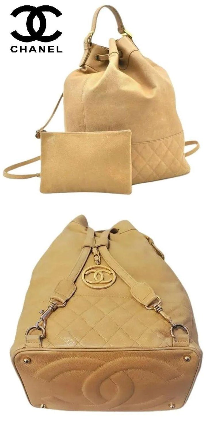 Authentic Chanel Camel Caviar Skin Backpack Gold Accents