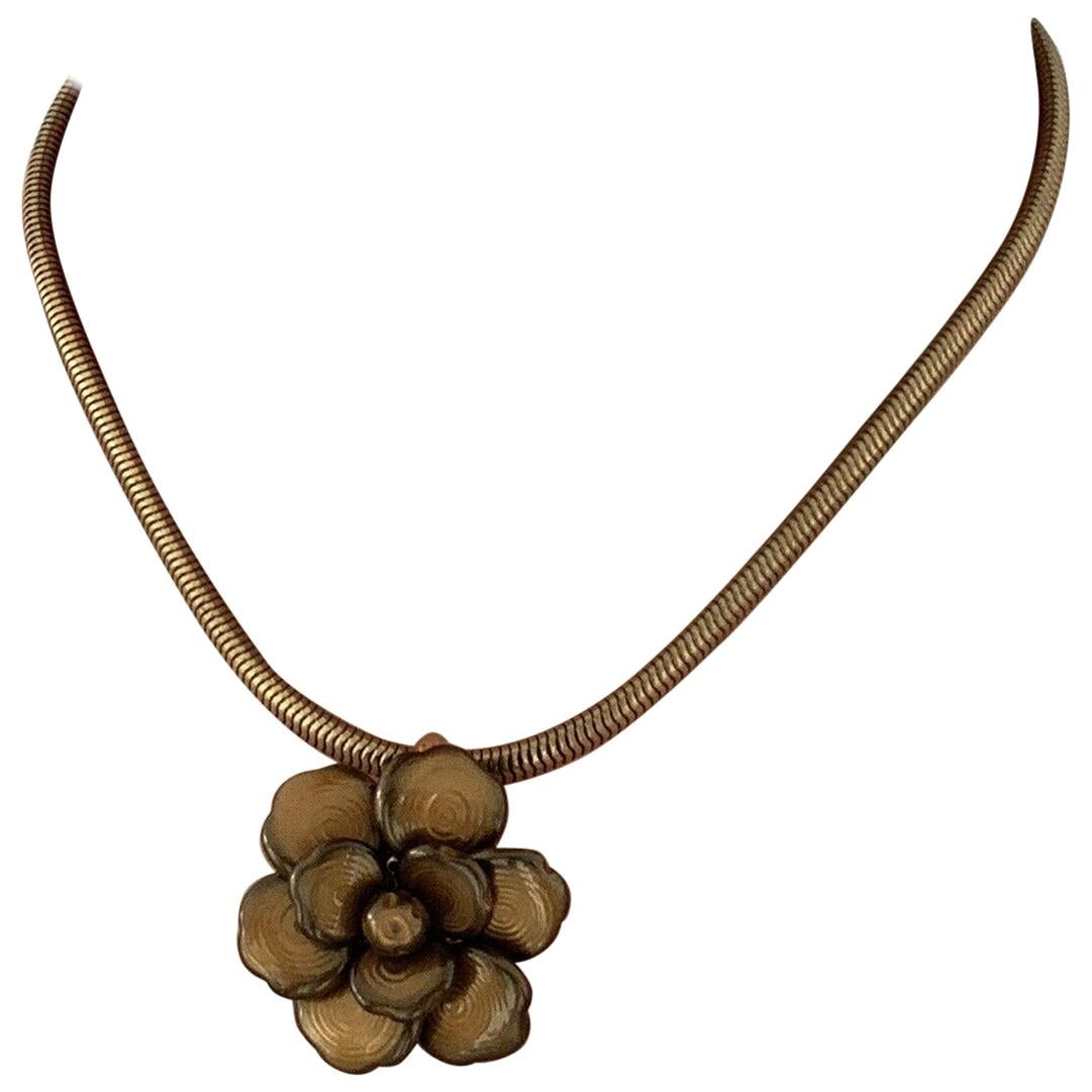 Authentic Chanel Camellia CC Flower Cord Choker Necklace Pendant