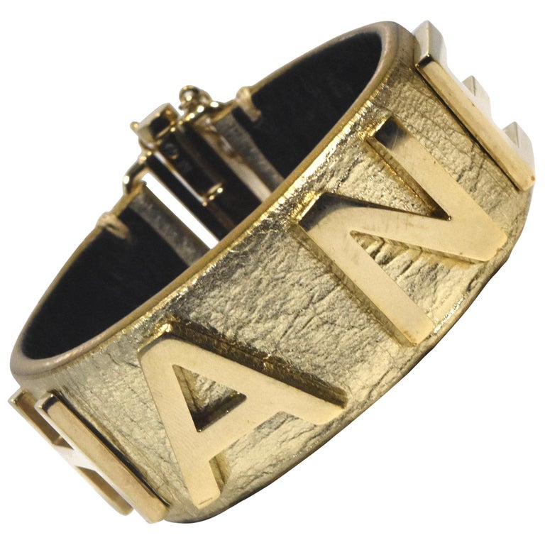 Authentic Chanel Gold Calfskin Leather Logo Cuff Bracelet
