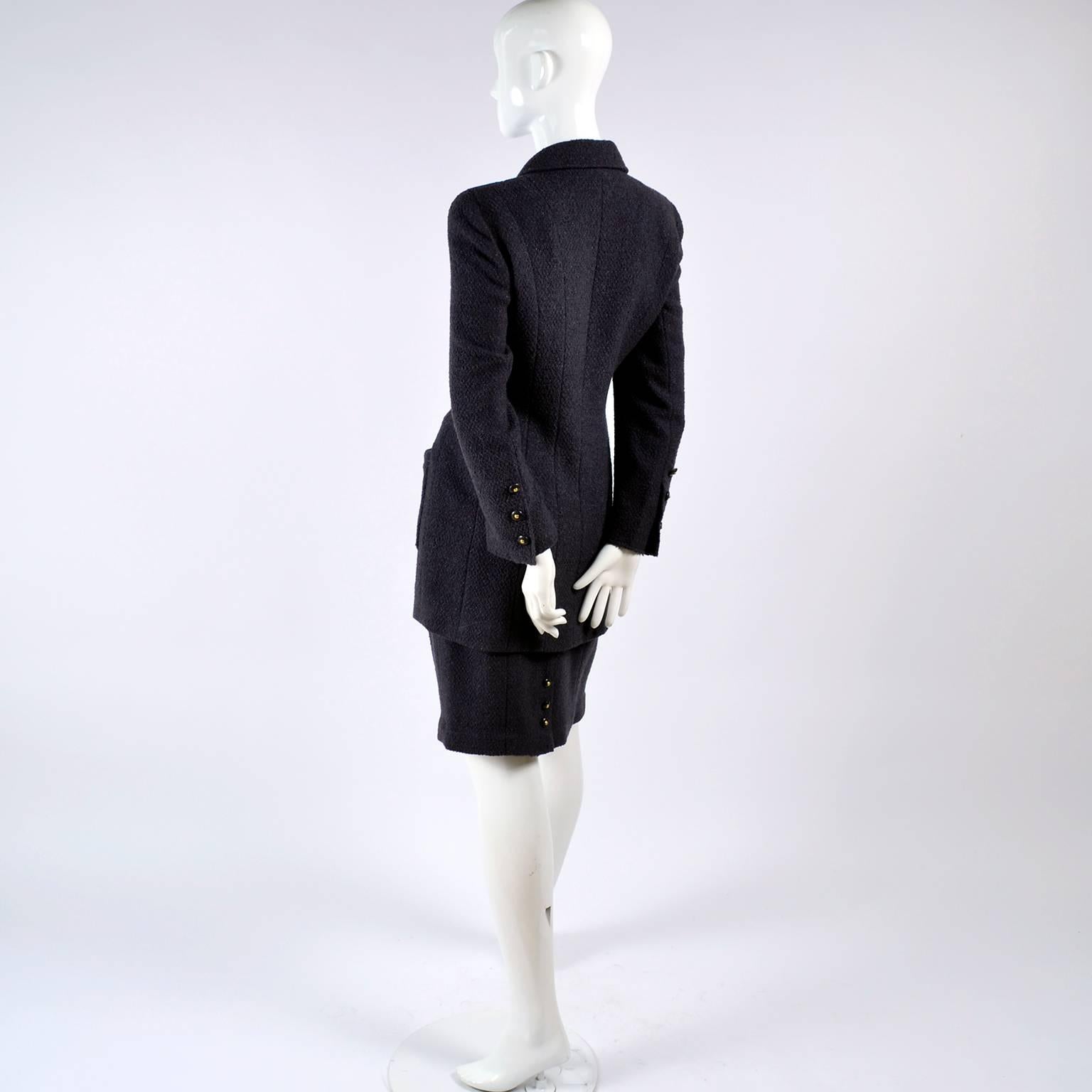 Women's or Men's Chanel Jacket and Skirt Suit in Charcoal Gray Tweed with CC Logo Buttons 