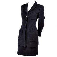 Chanel Jacket and Skirt Suit in Charcoal Gray Tweed with CC Logo Buttons 