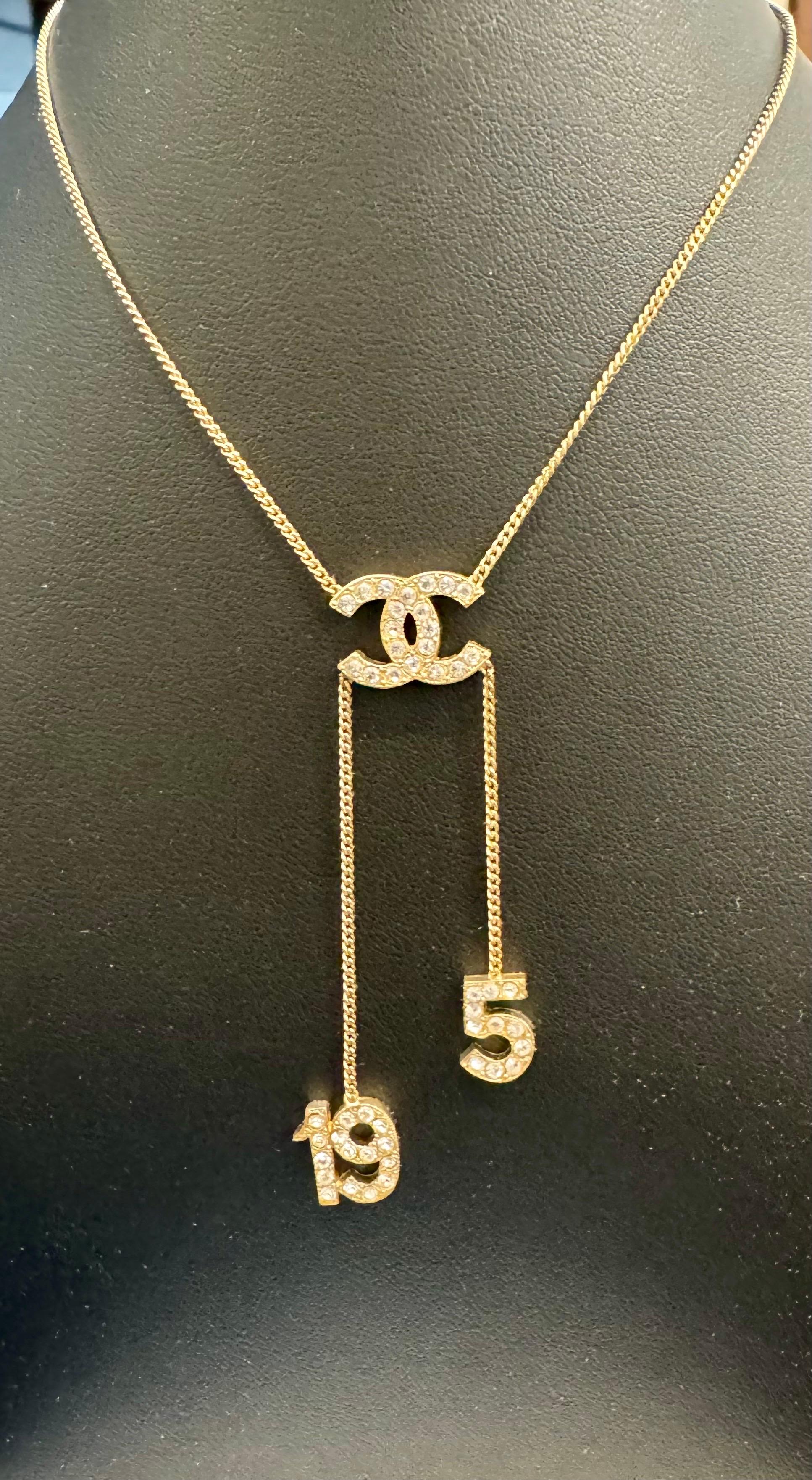 Authentic CHANEL Rhinestone CC LOGO 5 & 19 Pendant Necklace Vintage, Estate For Sale 6