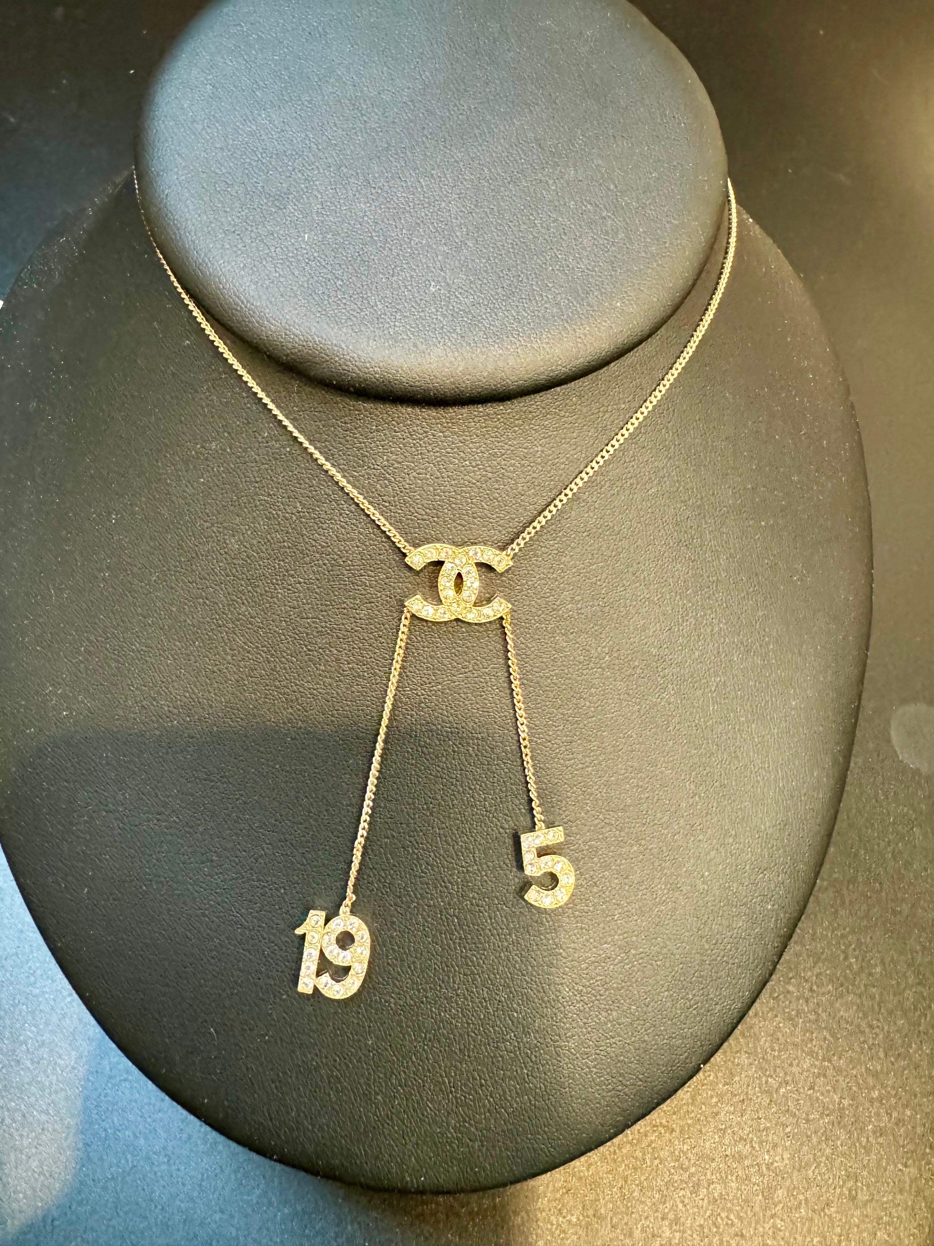 Authentic CHANEL Rhinestone CC LOGO 5 & 19 Pendant Necklace Vintage, Estate For Sale 7