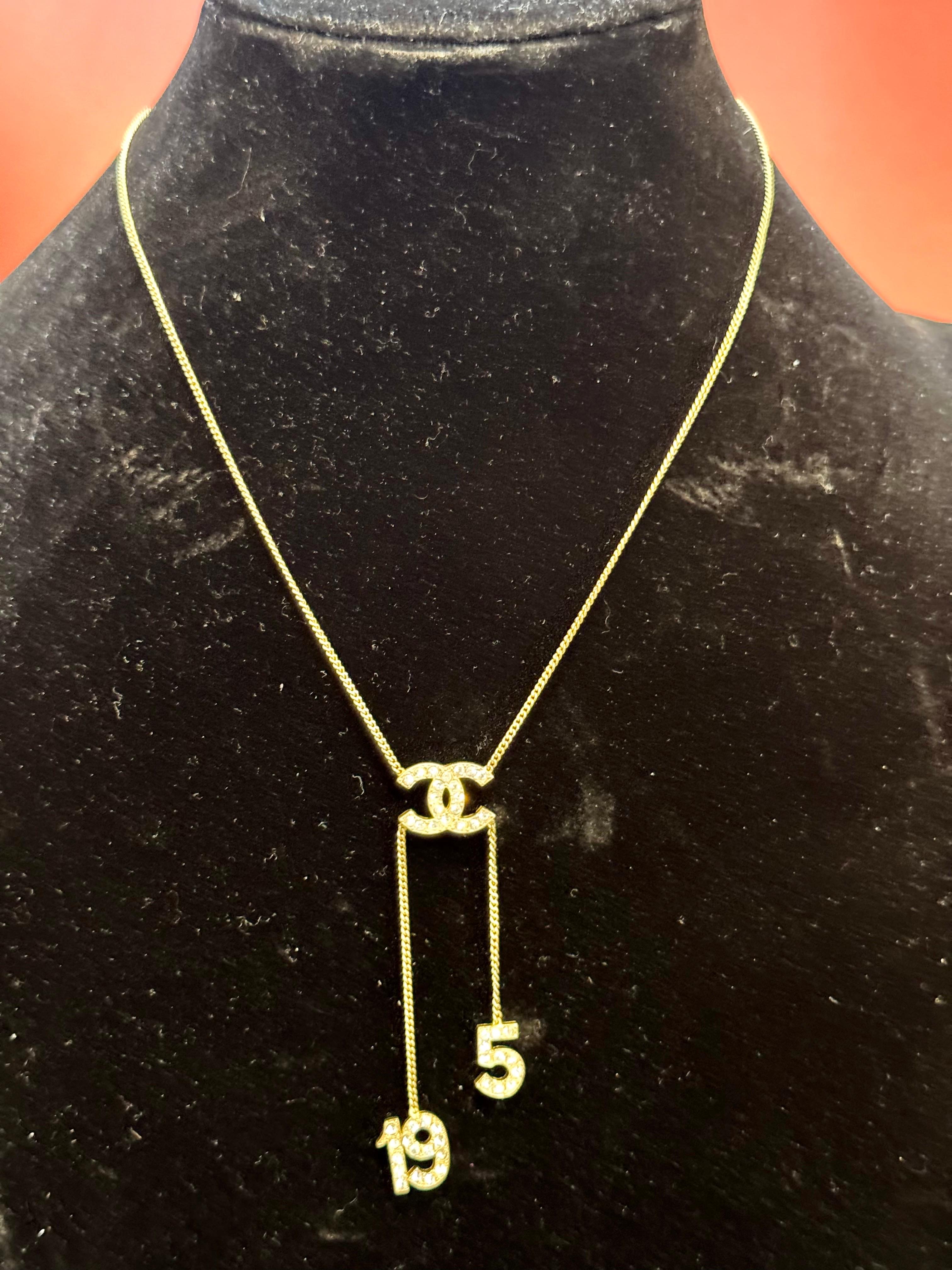 Authentic CHANEL Rhinestone CC LOGO 5 & 19 Pendant Necklace Vintage, Estate For Sale 9