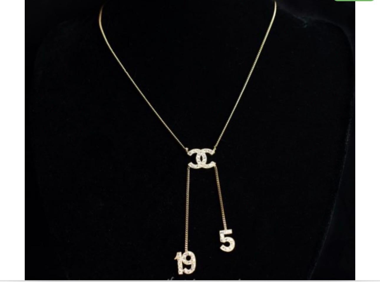 Authentic CHANEL Rhinestone CC LOGO 5 & 19 Pendant Necklace Vintage, Estate For Sale 3