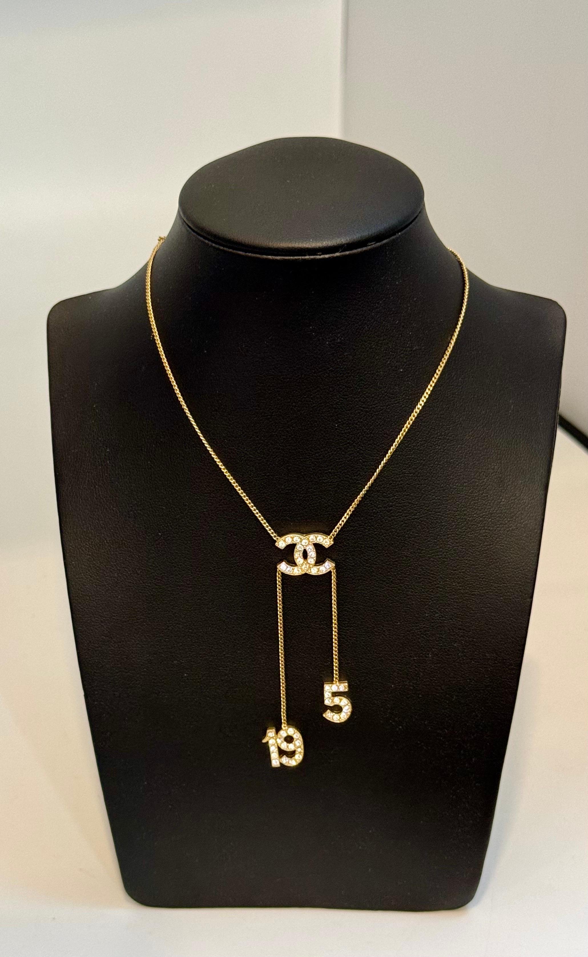 Authentic CHANEL Rhinestone CC LOGO 5 & 19 Pendant Necklace Vintage, Estate For Sale 5