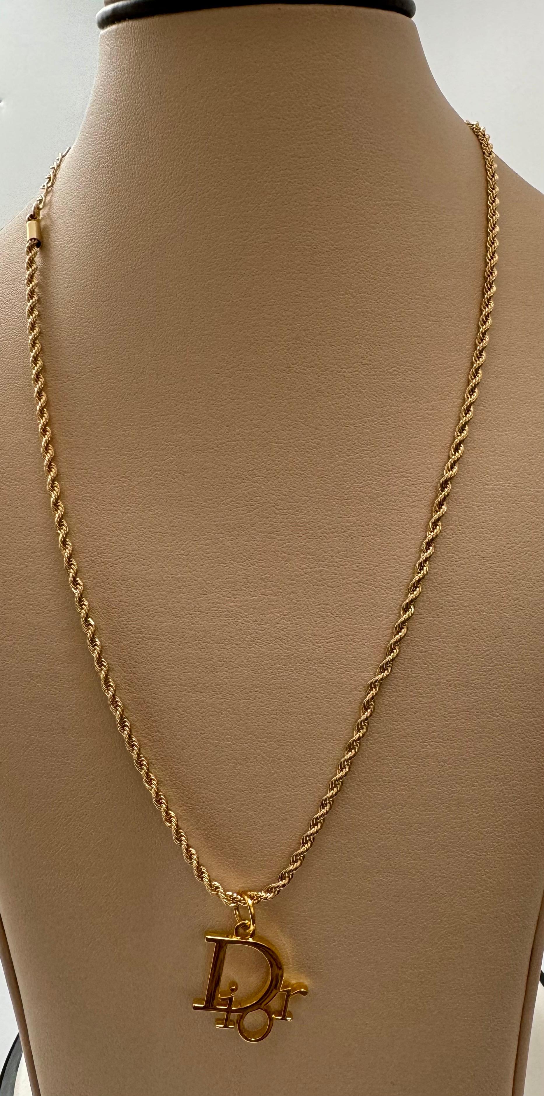 Authentic Christian DIOR Repurposed Charm Pendant Necklace Logo Gold For Sale 6
