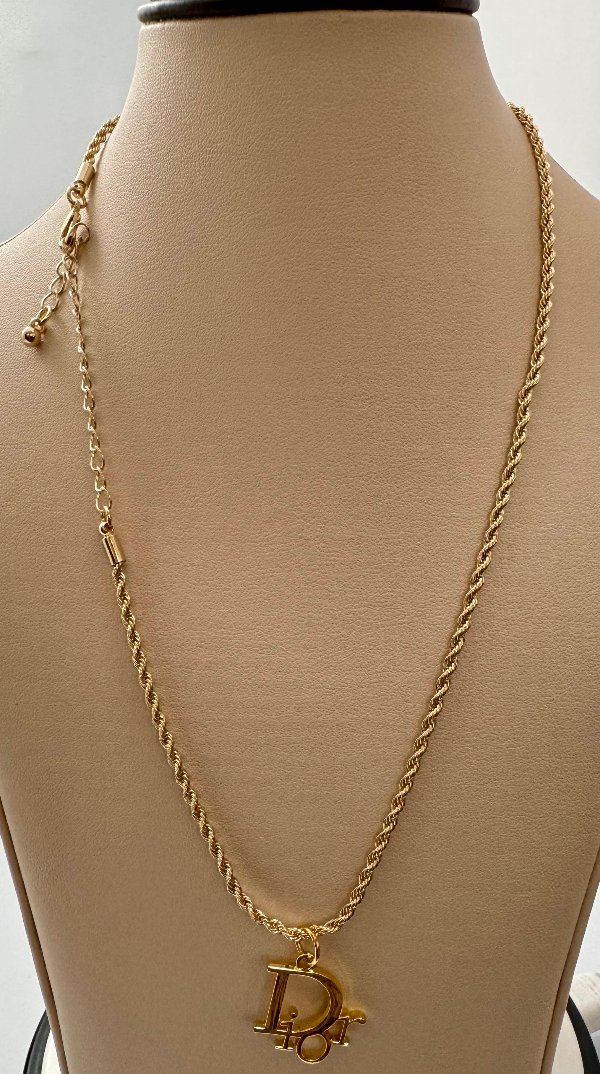 Authentic Christian DIOR Repurposed Charm Pendant Necklace Logo Gold For Sale 7