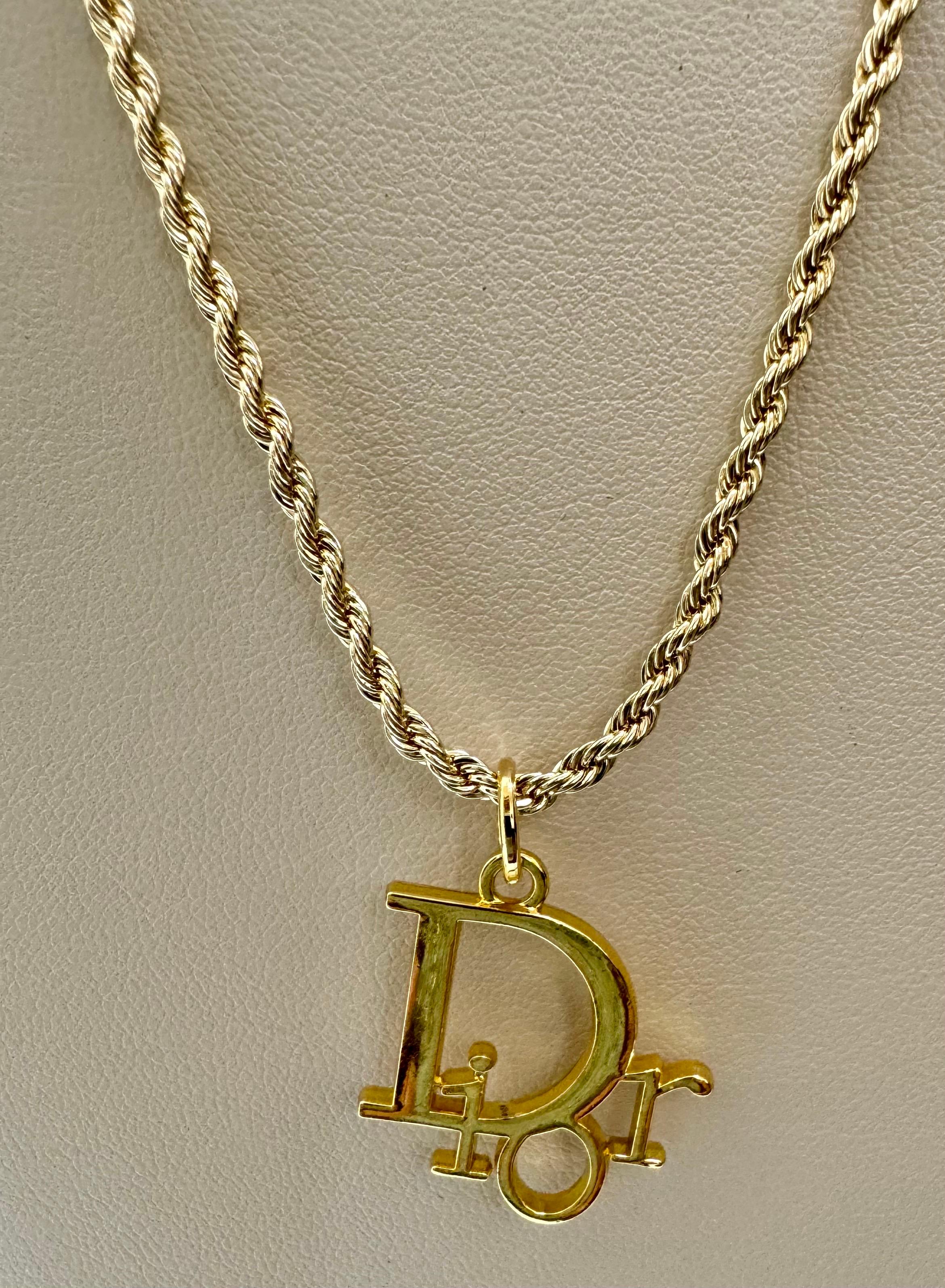 Authentic Christian DIOR Repurposed Charm Pendant Necklace Logo Gold For Sale 8