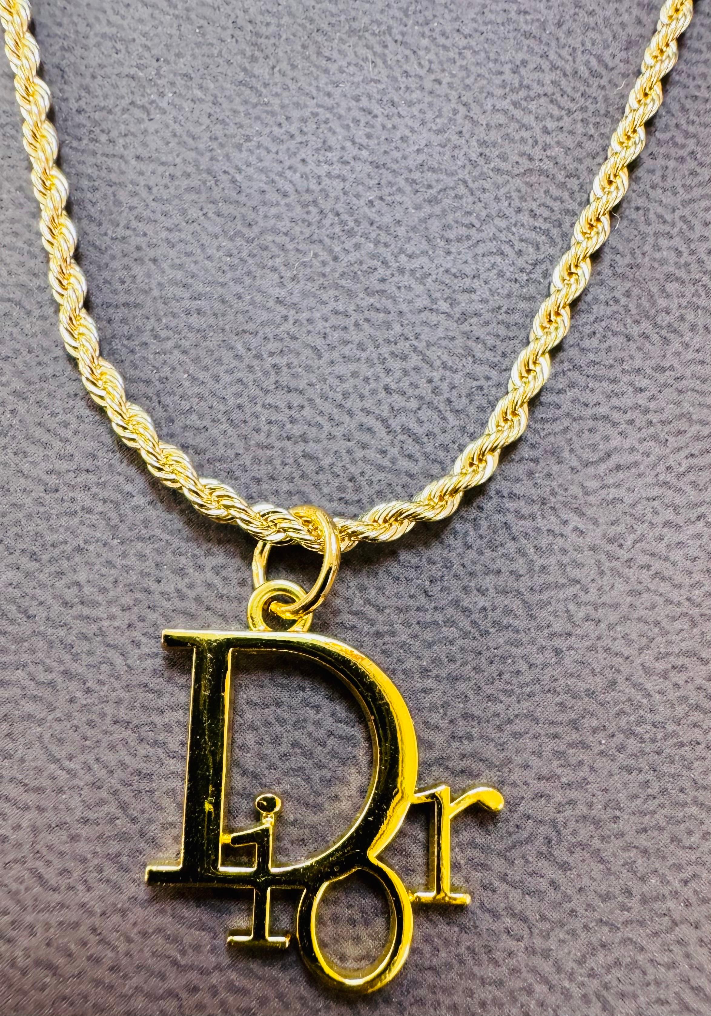 Authentic Christian DIOR Repurposed Charm Pendant Necklace Logo Gold For Sale 9