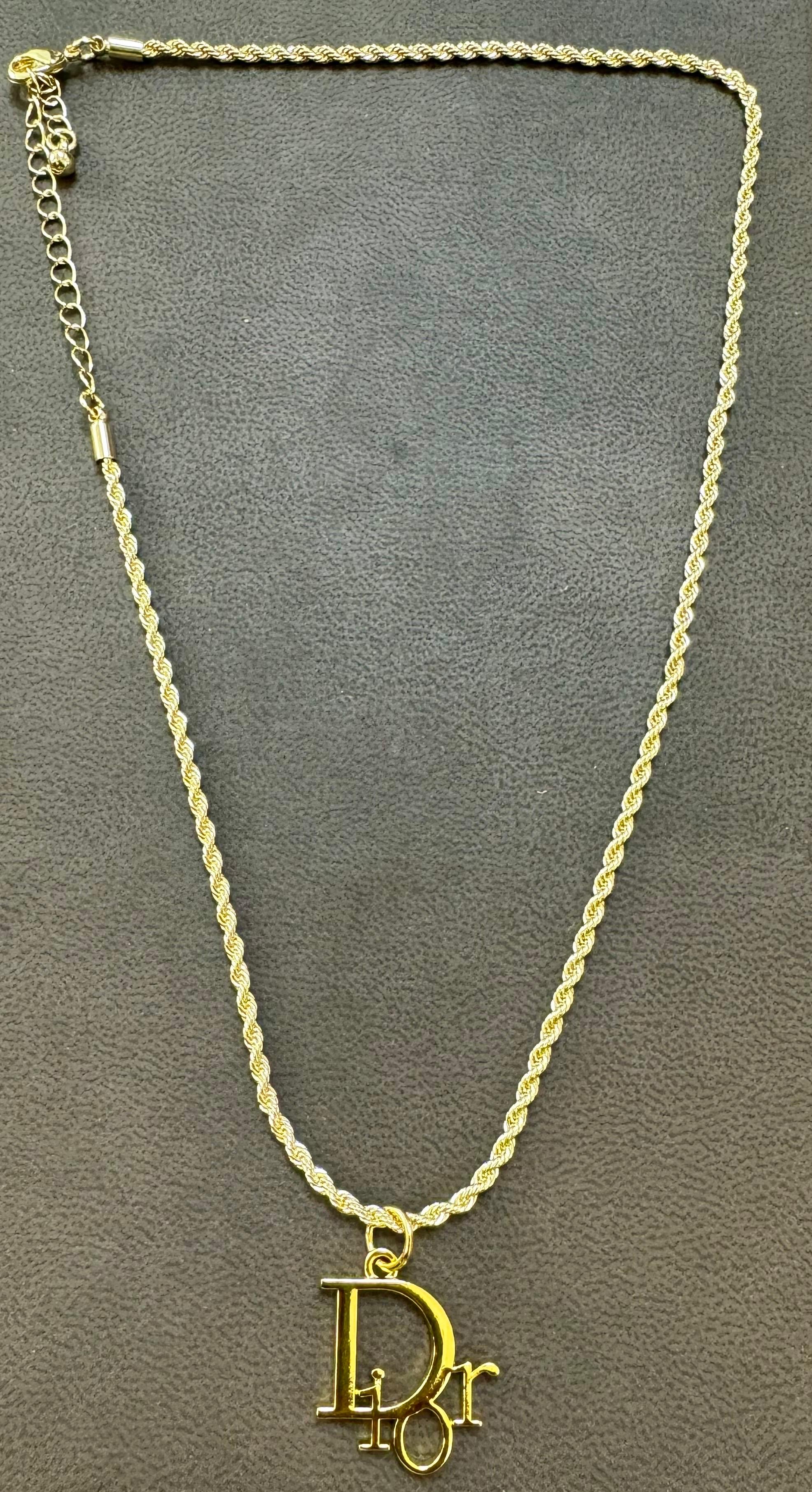 Authentic Christian DIOR Repurposed Charm Pendant Necklace Logo Gold For Sale 10