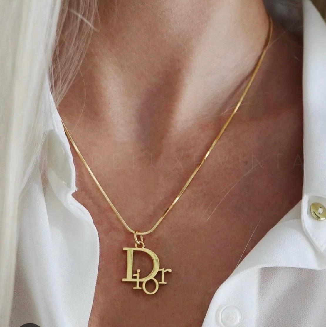 Women's Authentic Christian DIOR Repurposed Charm Pendant Necklace Logo Gold For Sale