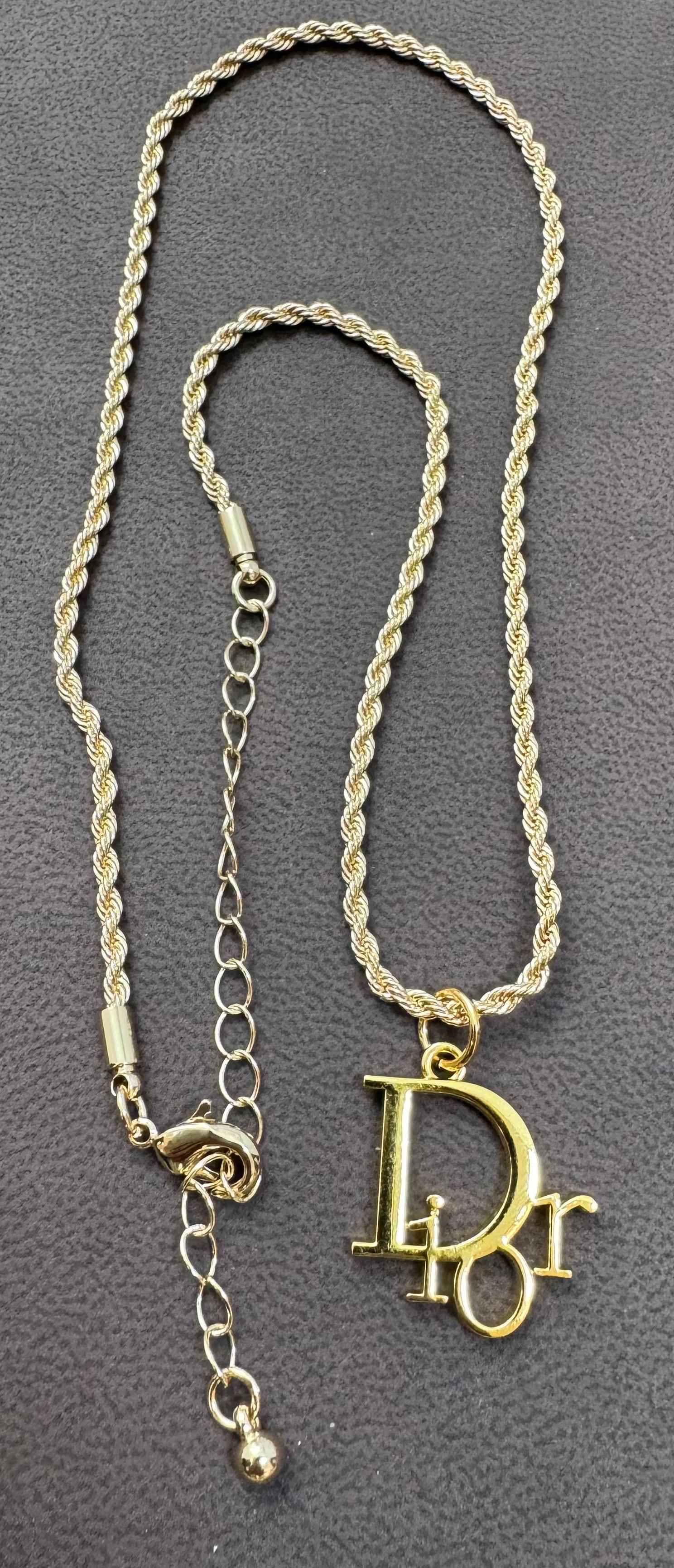 Authentic Christian DIOR Repurposed Charm Pendant Necklace Logo Gold For Sale 2